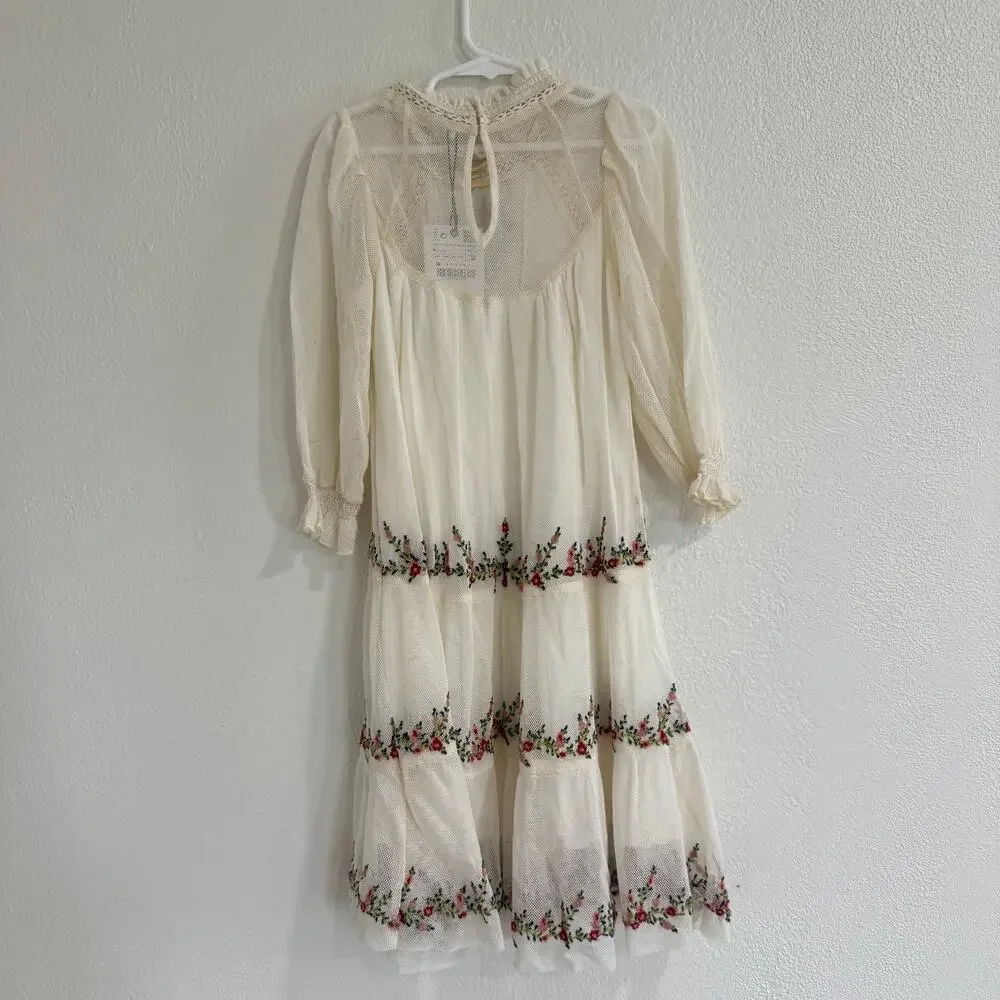 NWT Zara Girls Embroidered Prairie Dress Cream Floral Cottagecore Boho Size 6